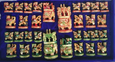 4" Wooden Chess Set Hand Carved Painted Antique Vintage Indian Figure Chess Set
