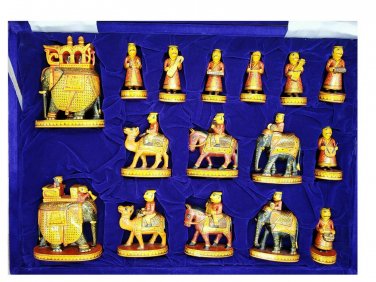Wooden Chess Set Music Hand Carved Painting work Indian Figure Chess