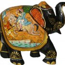Wooden Elephant Statue Hunting Scene Painting Natural Wood Hand Carved