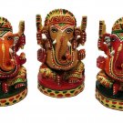 3 PC Wooden Ganesha Hand Carved Antique painting Sculpture Hindu God Statue