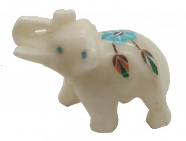 White Hard Marble Pietra Dura Inlay Elephant Handmade Statue Home Decor Gift