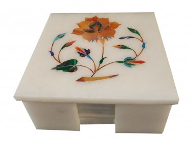 Tea Coaster Handmade Marble Flower gemstone inlay work Coaster Pietra Dura Gift