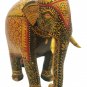 Wooden Elephant Statue Floral Painting Natural Wood Hand Carved Sculpture 8"