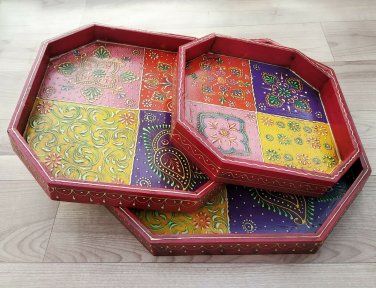Serving Tray 3 Pcs set 12" Wooden handmade emboss painting work Floral Design