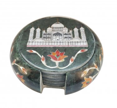 Marble tea coaster set rare colorful stone inlay coaster floral work gifts decor