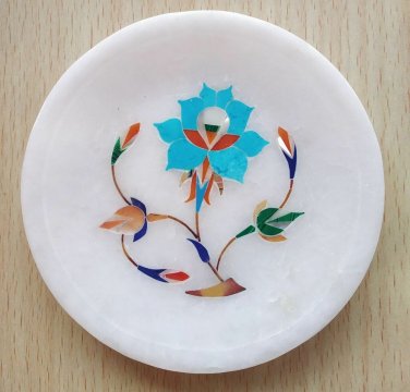 Marble Plate Decorative Floral Design Inlay Pietra Dura Stone  4"