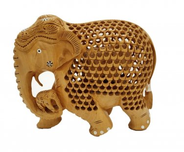 Wooden Elephant Statue Undercut small baby inside Natural Wood Hand Carved