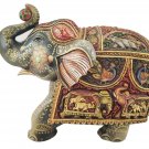 Wooden Elephant Statue Trunk up Holding Ball Painting Natural Wood Hand Carved