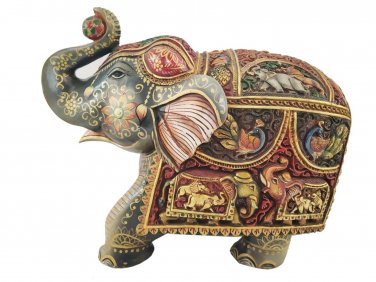 Wooden Elephant Statue Trunk up Holding Ball Painting Natural Wood Hand Carved
