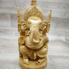 Ganesha Statue 9" Handmade Wooden Sculpture Hindu God Lord Ganesh Sitting Chair