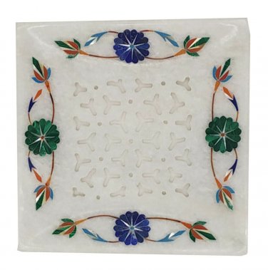 Serving tray marble stone 5" x 5" Malachite & Lapis gemstone inlay work Platter