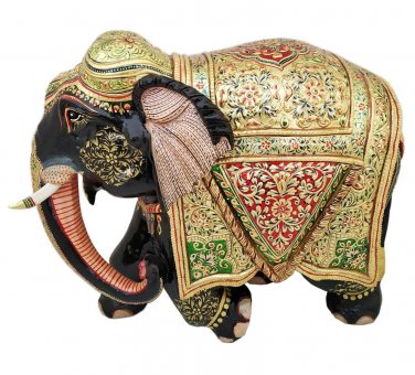 Wooden Elephant Statue Gold Foil Emboss Painting Natural Wood Sculpture 9"
