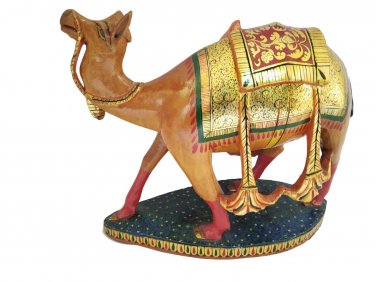 Camel Statue Gold Foil Painting Work Figurine Wooden Carving Camel Vintage Old