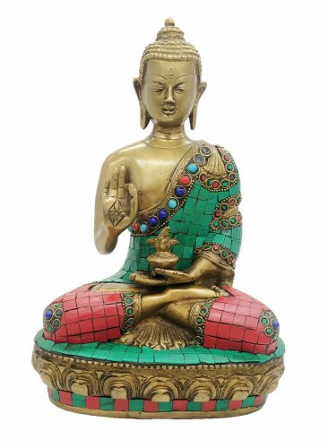 Brass Buddha Statue handmade gemstone work Antique look Feng Shui Tibetan Buddha