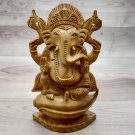 Wooden Ganesha Statue 6" Sitting on Conch Shell handmade Hindu God lord Ganesh