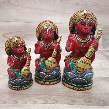 Hanuman Wood Statue 3pc Bajranbali Hindu god Idol Home Office Temple D&Atilde;&copy;cor Gift