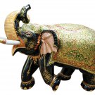 Handmade 13" Wooden Elephant Statue Covered with Real Gold Foil Emboss Work