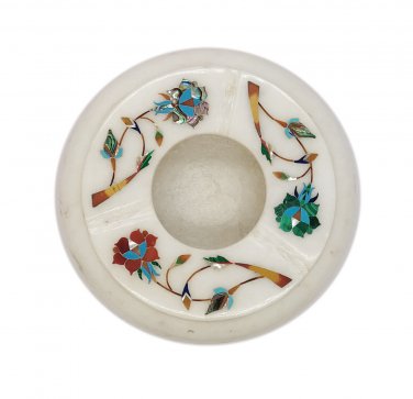 Marble stone Ashtray gemstone inlay work round white handmade home d&Atilde;&copy;cor gift