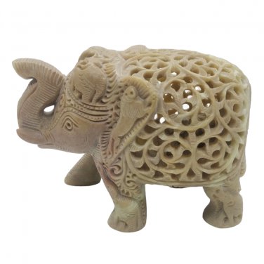 Stone Elephant statue 3.5" handmade Undercut Vintage trunk Up D&Atilde;&copy;cor Sculpture