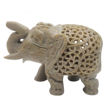 Stone Elephant statue 4" handmade Undercut Vintage trunk Up D&Atilde;&copy;cor Sculpture