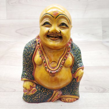 Wooden laughing buddha Standing Statue handmade Painted Feng Shuai Tibetan