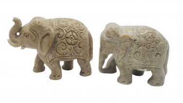 Stone Elephant statue Pair 3" handmade Carving Vintage Home D&Atilde;&copy;cor Sculpture