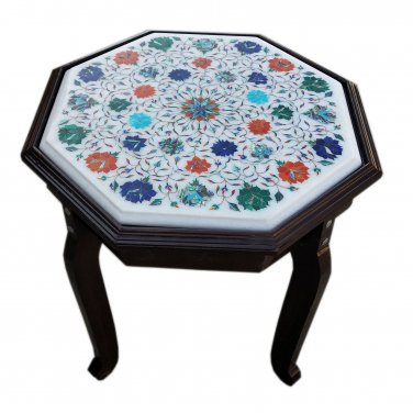 Coffee Table 18" handmade stone table top MOP inlay work Wooden stand with LED