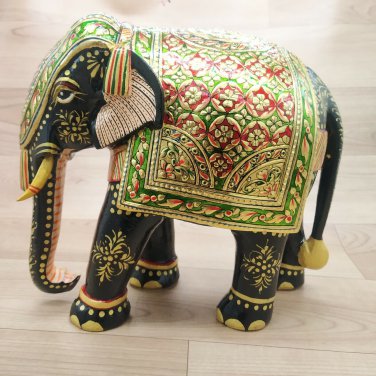 Handmade 8" Wooden Elephant Statue Covered with Real Gold Foil Emboss Work gift