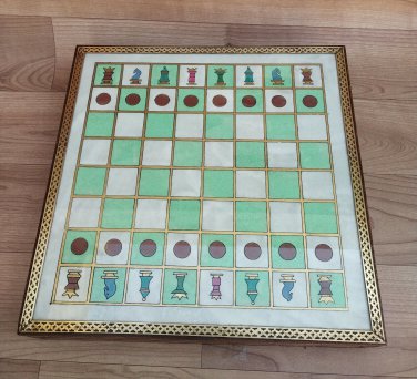 Wooden Chess Set 12" Handmade Stone Pieces and Stone Powder Painting Board