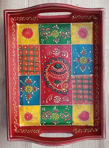 Serving Tray 3 Pcs set 12" Wooden handmade Emboss painting work Floral Design