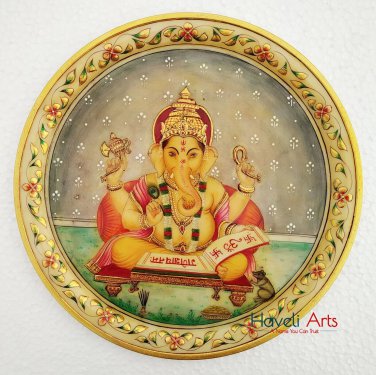 Decorative plates 12" Marble Stone Handmade Ganesha painting Home Decor Wall Gif