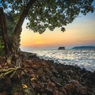 6599. Ferry heading into sunset.island in background.POSTER.art wall decor