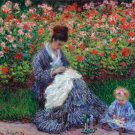 5468.Monet.Woman knitting along garden with girl.POSTER.decor Home Office art