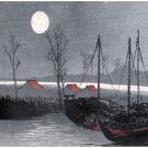 6113.Sleepy Japanese fishing village under a white moon.POSTER.Home Office art 6113.Sleepy Japanese fishing village under a white moon.POSTER.Home Office art