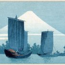 6110.Japanese fishing boat in water with mountain in bkgd.POSTER.Home Office art 6110.Japanese fishing boat in water with mountain in bkgd.POSTER.Home Office art
