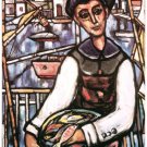 7128.Man sitting in front of pier holding plate of fish.POSTER.art wall decor 7128.Man sitting in front of pier holding plate of fish.POSTER.art wall decor