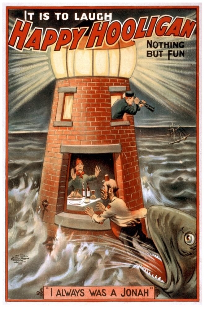 6414.Happy hooligan.lighthouse.fish eats man in rough seas.POSTER.art wall decor