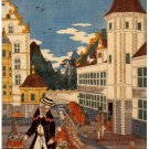 7323.Man and woman walking in courtyard in city streets.POSTER.art wall decor