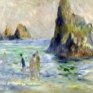 6607.People on beach.Large holders in background.POSTER.art wall decor