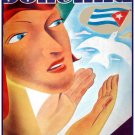 7121.Bohemia.Woman looking at dove fly over cuban waters.POSTER.art wall decor