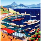 7635.Grece.boats on bay docked.market full of people.POSTER.art wall decor