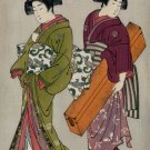 6309.Two asian woman wearing kimonos carrying a case.POSTER.Home Office art