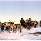 6907.Voyage aux rennes.reindeer with men in sleigh.POSTER.art wall decor