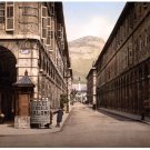 7513.Empty european street.bottom of mountain.peole walk.POSTER.art wall decor