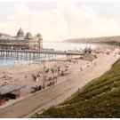 6917.People at beach.hillside.large house on water.POSTER.art wall decor