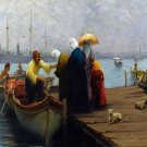 6500.Musl.im people board boat on pier.woman with umbrella.POSTER.art wall decor 6500.Musl.im people board boat on pier.woman with umbrella.POSTER.art wall decor
