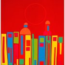 7207.City landscape.Bottles as buildings.red moon circle.POSTER.art wall decor