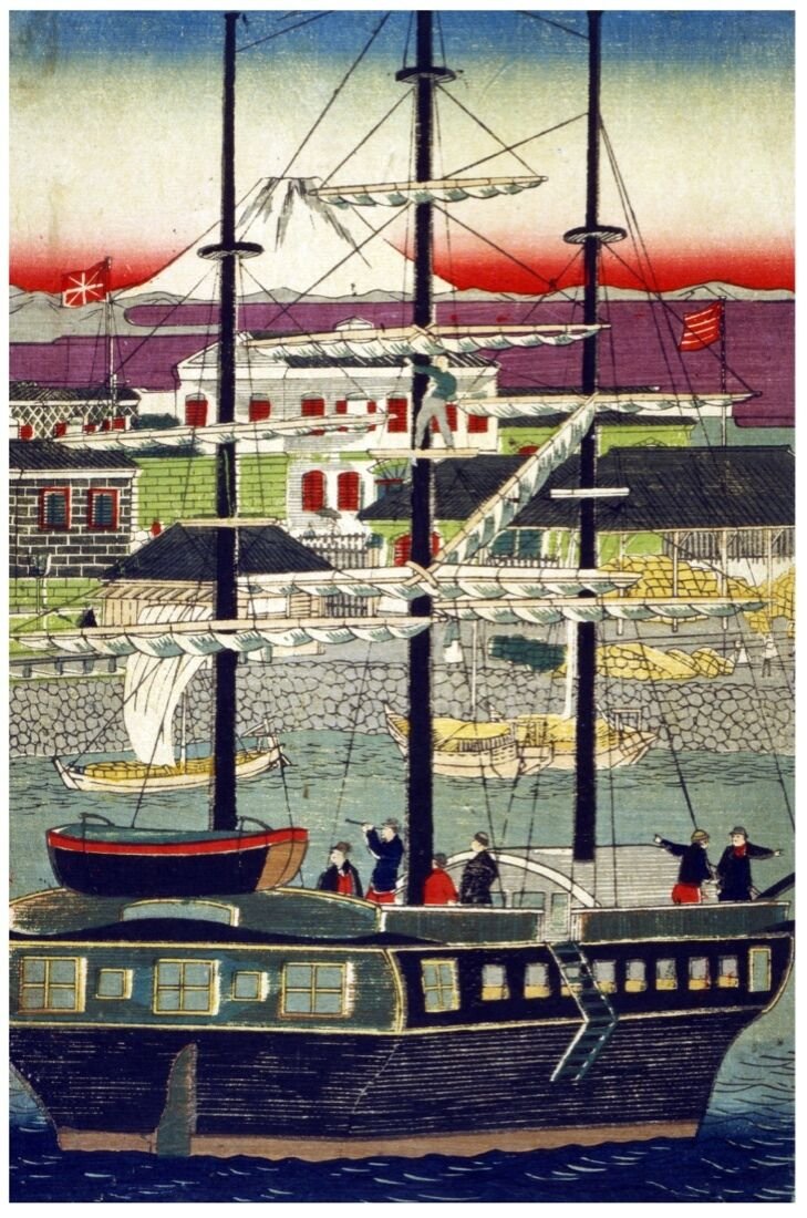 7329.Large ship with sails going upstream river.POSTER.Interior art wall decor