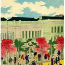 7327.Busy japanese market.red flowered trees.clear skies.POSTER.art wall decor