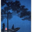 7552.Two people on small boat on serene lake at night.POSTER.art wall decor